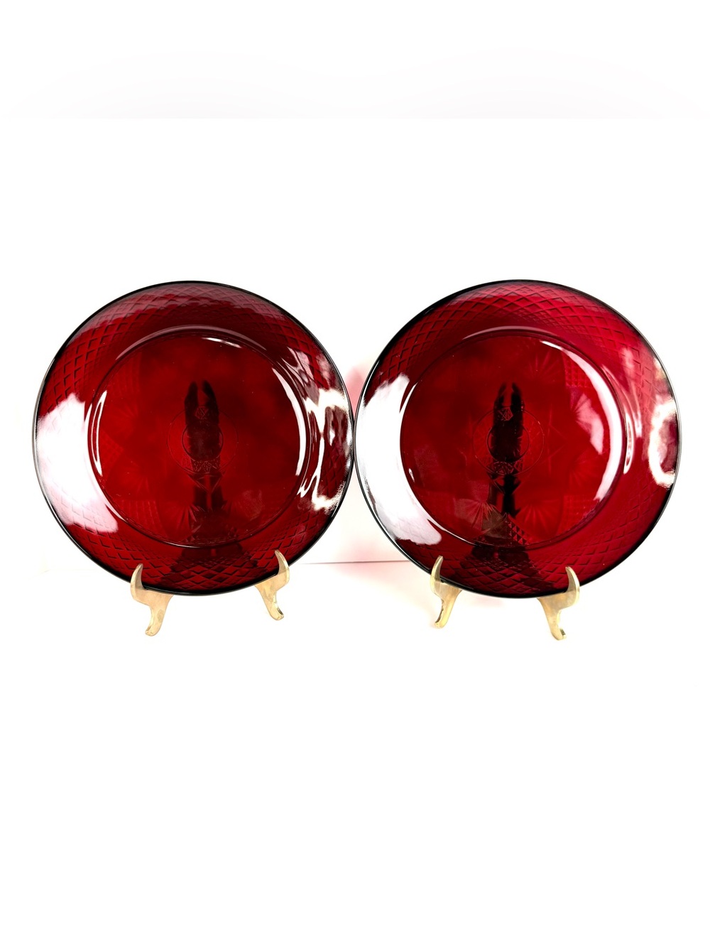 2 VTG Luminarc Cristal D'Arques Durand Ruby Red Glass 10" Dinner Plates France